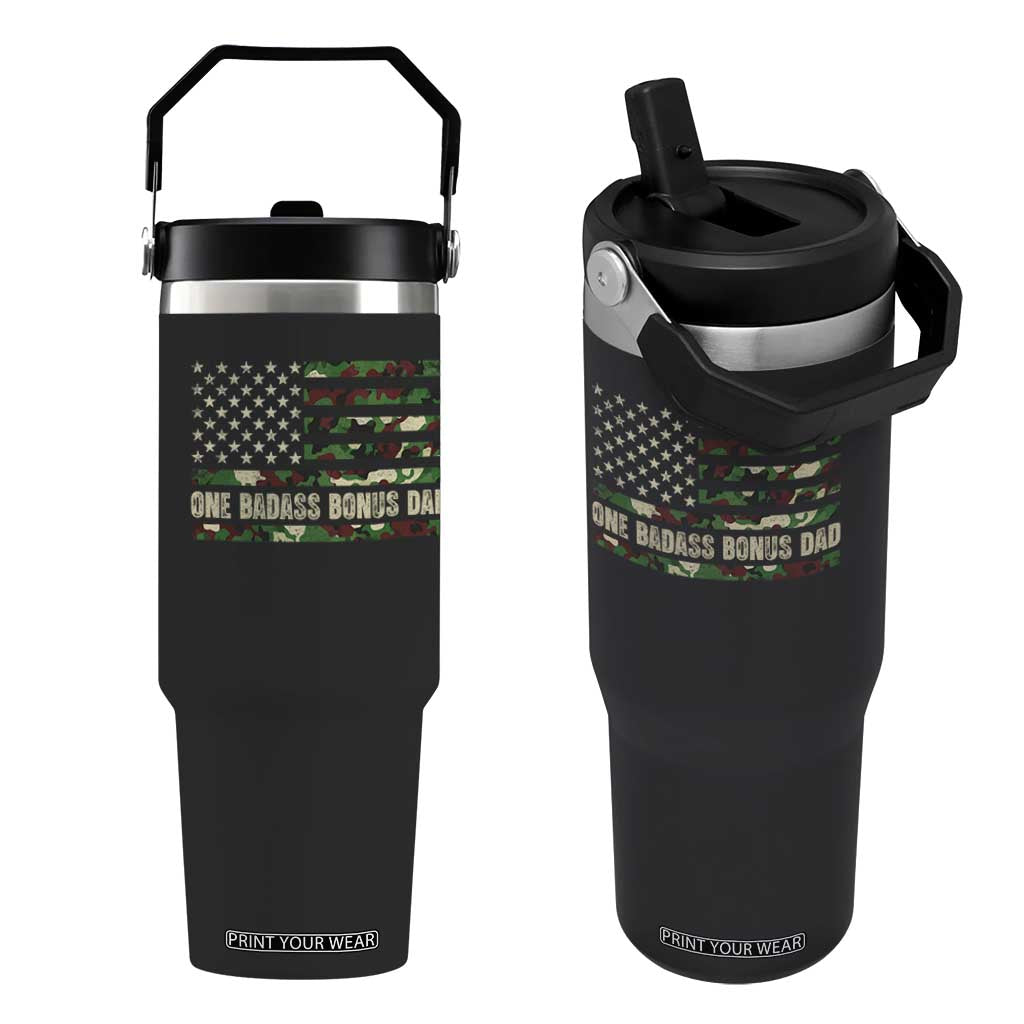 One Badass Bonus Dad Flip Straw Tumbler Funny Stepdad Camo American Flag TS10 One Size: 30 oz Black Print Your Wear