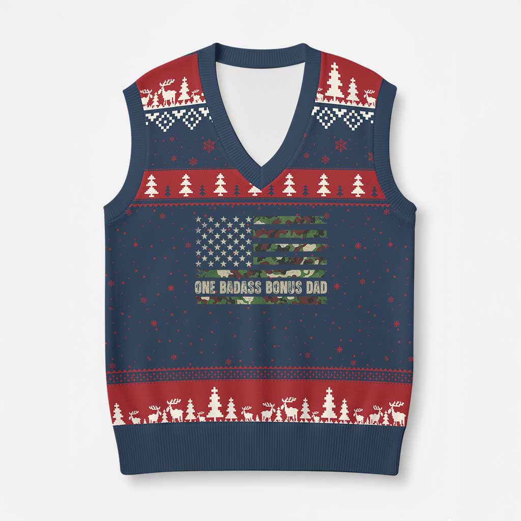 One Badass Bonus Dad V-Neck Knit Sweater Vest Funny Stepdad Camo American Flag TS10 Navy Red Print Your Wear