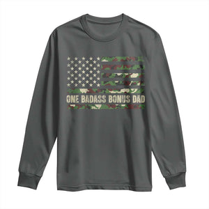 One Badass Bonus Dad Long Sleeve Shirt Funny Stepdad Camo American Flag TS10 Dark Heather Print Your Wear