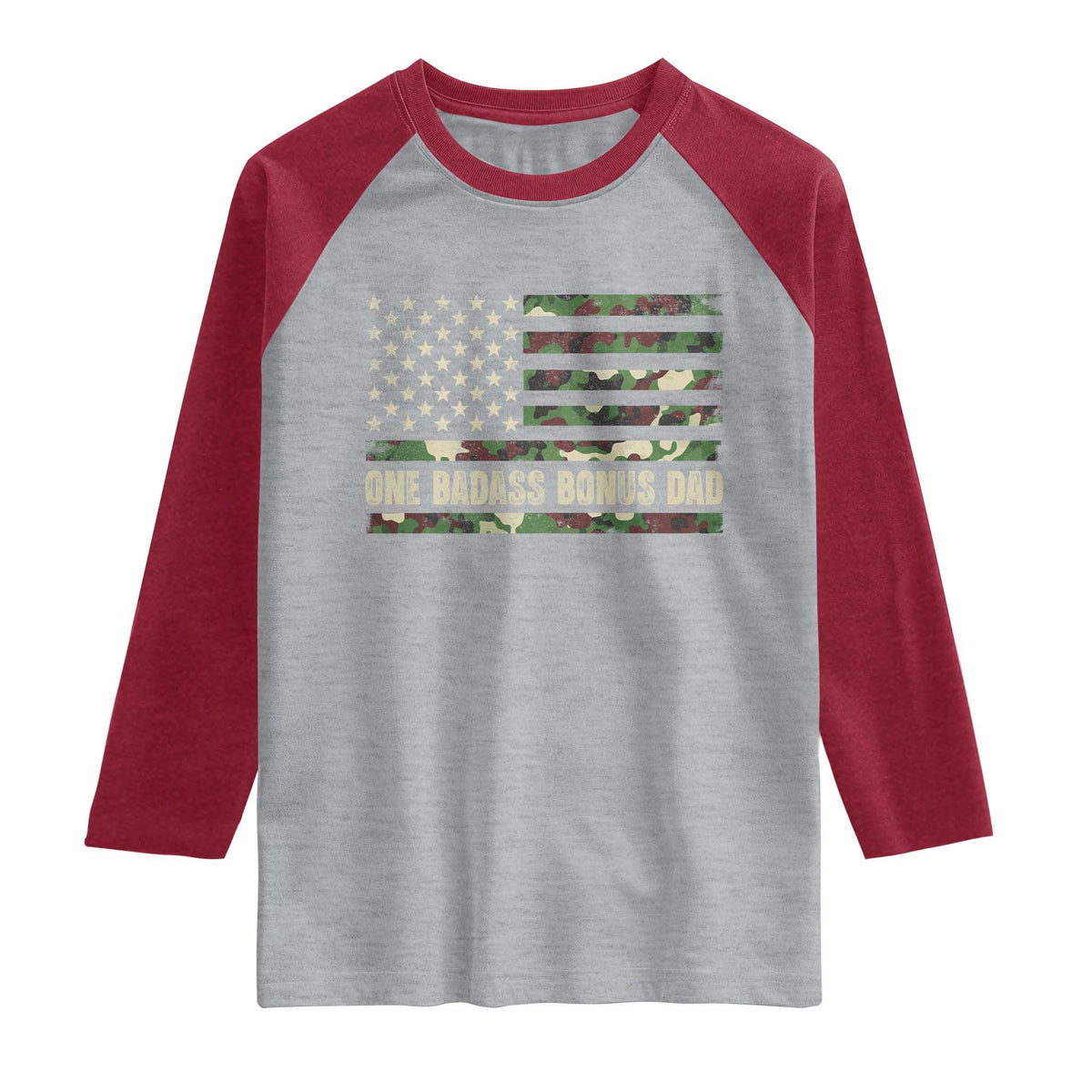One Badass Bonus Dad Raglan Shirt Funny Stepdad Camo American Flag TS10 Heather Gray Heather Red Print Your Wear
