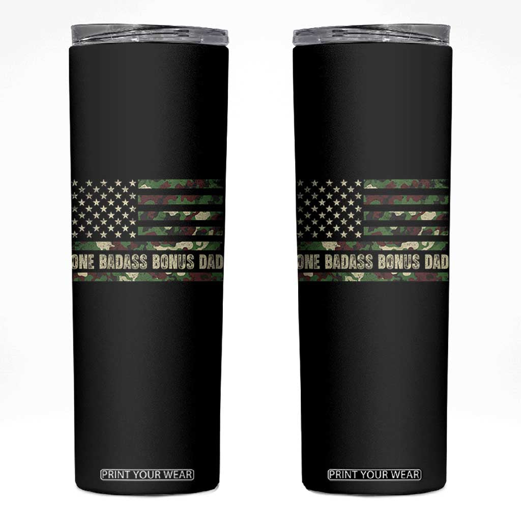 One Badass Bonus Dad Skinny Tumbler Funny Stepdad Camo American Flag TS10 Black Print Your Wear