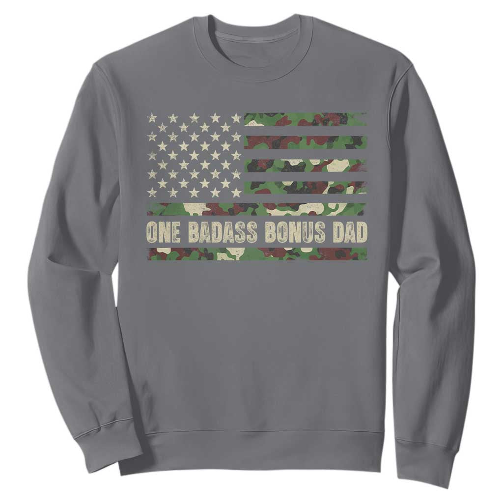 One Badass Bonus Dad Sweatshirt Funny Stepdad Camo American Flag TS10 Charcoal Print Your Wear