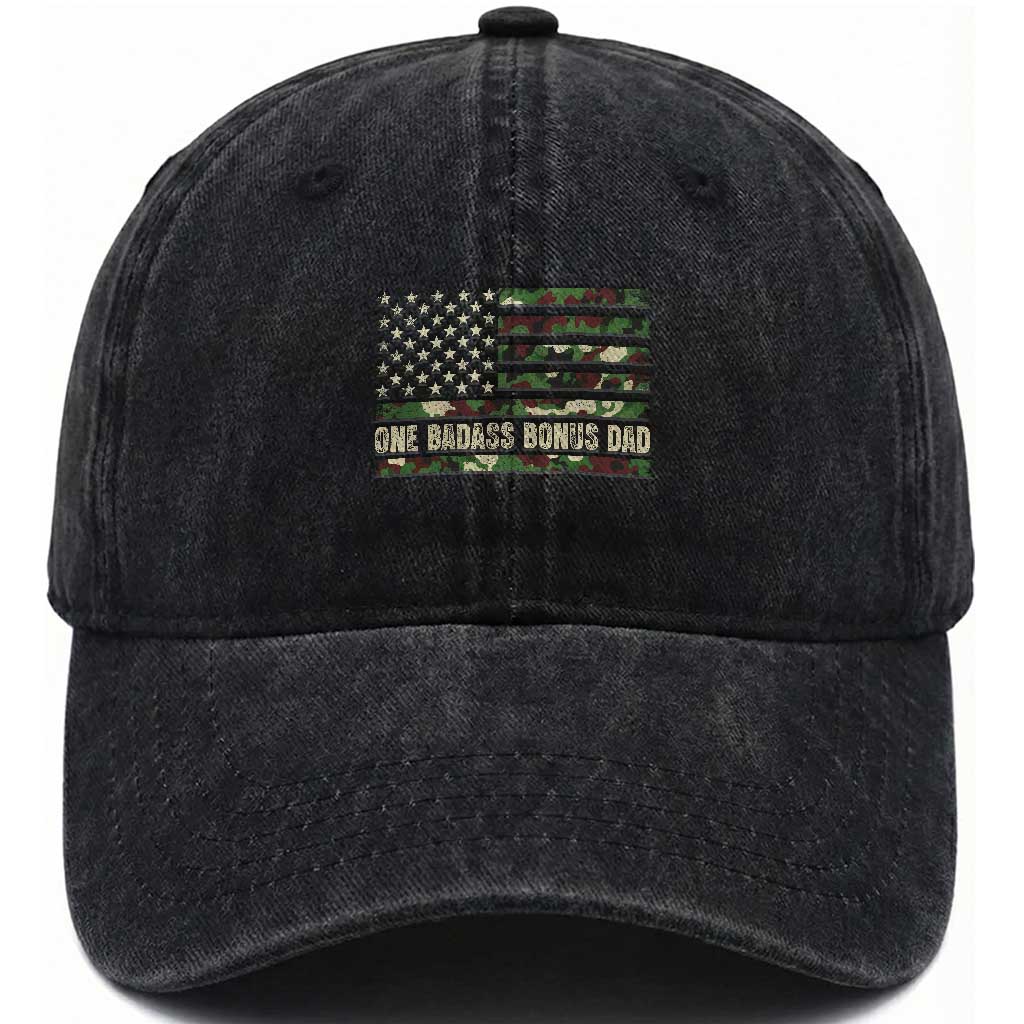 One Badass Bonus Dad Washed Cotton Baseball Cap Funny Stepdad Camo American Flag TS10 Print Your Wear