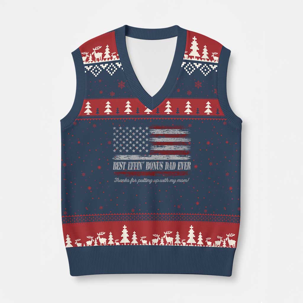 Best Effin’ Bonus Dad Ever V-Neck Knit Sweater Vest Step Dad American Flag TS10 Navy Red Print Your Wear