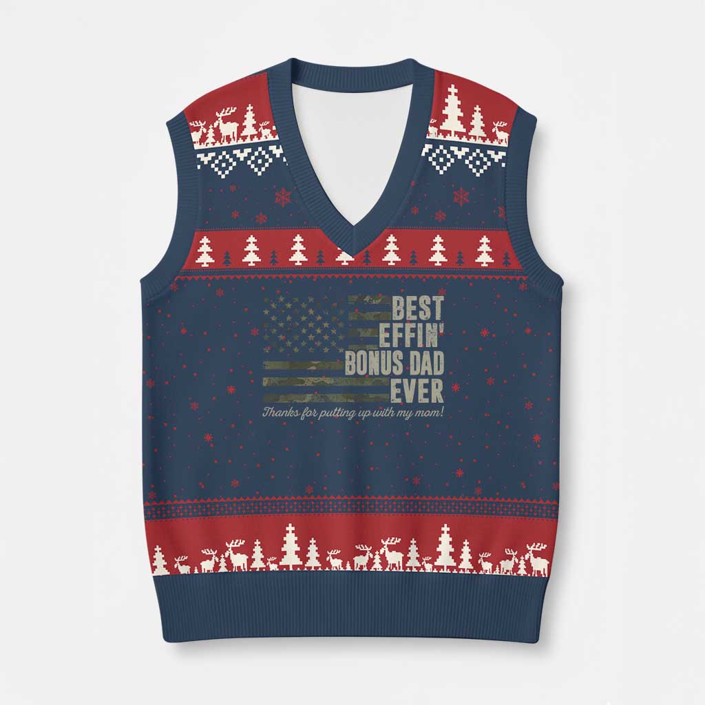 Best Effin’ Bonus Dad Ever V-Neck Knit Sweater Vest Step Dad Camo American Flag Camouflage TS10 Navy Red Print Your Wear