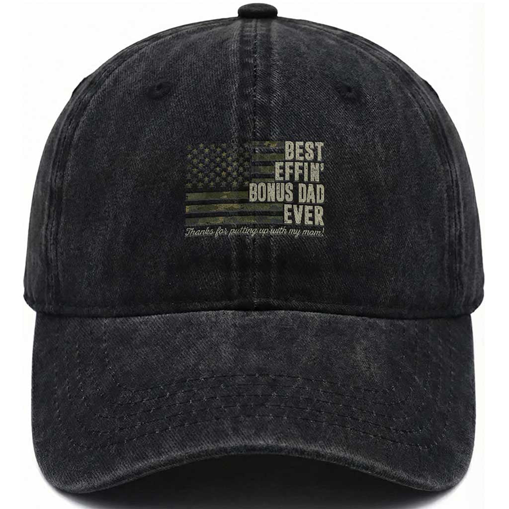 Best Effin’ Bonus Dad Ever Washed Cotton Baseball Cap Step Dad Camo American Flag Camouflage TS10 Print Your Wear