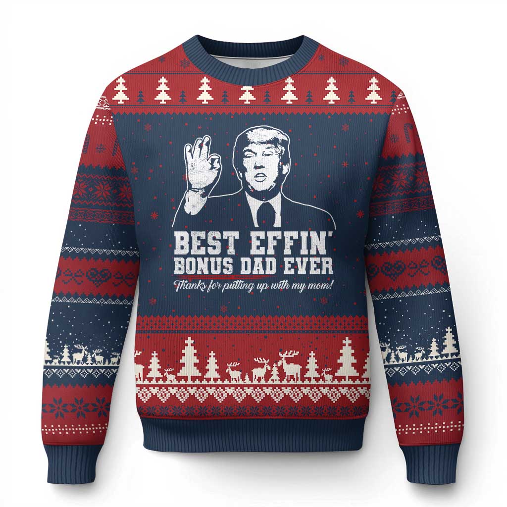 Best Effin’ Bonus Dad Ever Ugly Christmas Sweater Step Dad Funny Trump Fathers Day TS10 Navy Red Print Your Wear