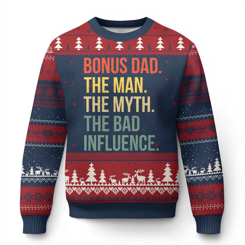 Bonus Dad Ugly Christmas Sweater The Man Myth Bad Influence Funny Step Dad TS10 Navy Red Print Your Wear