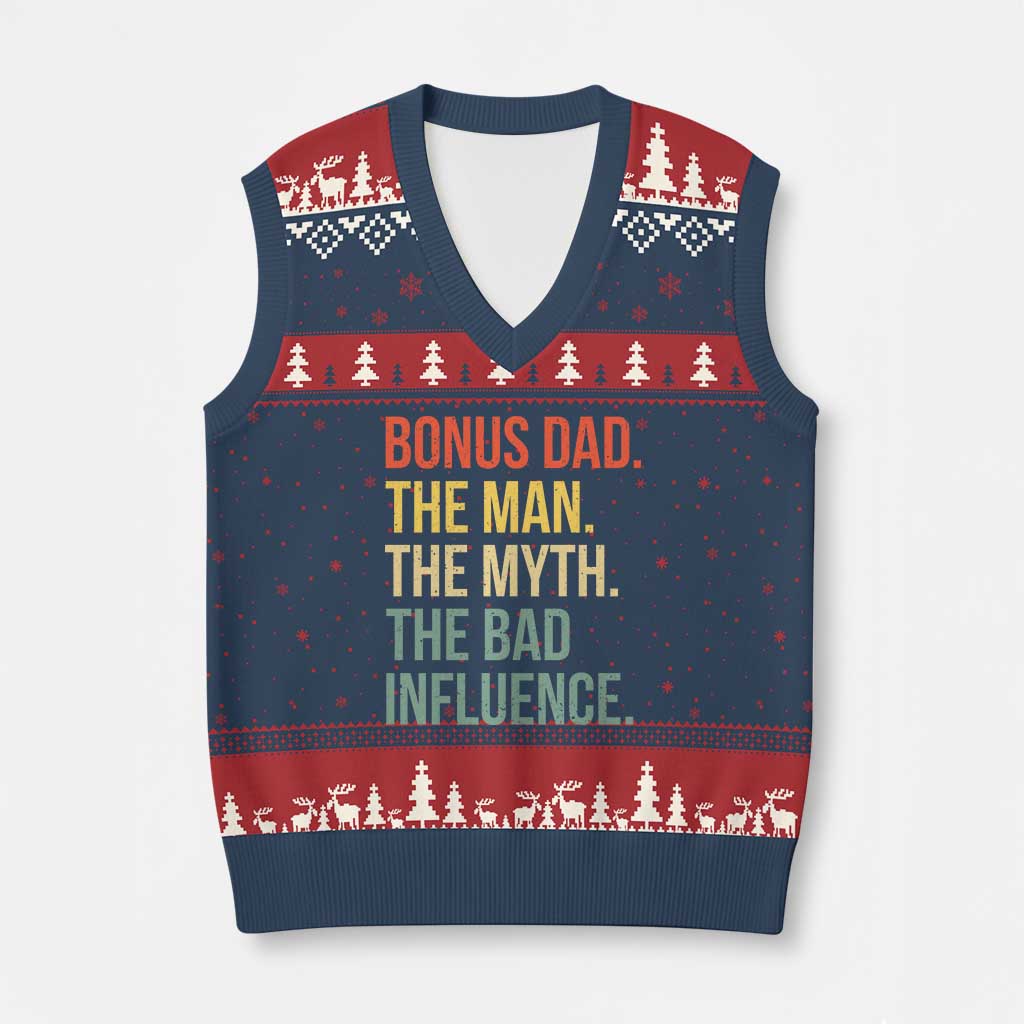 Bonus Dad V-Neck Knit Sweater Vest The Man Myth Bad Influence Funny Step Dad TS10 Navy Red Print Your Wear