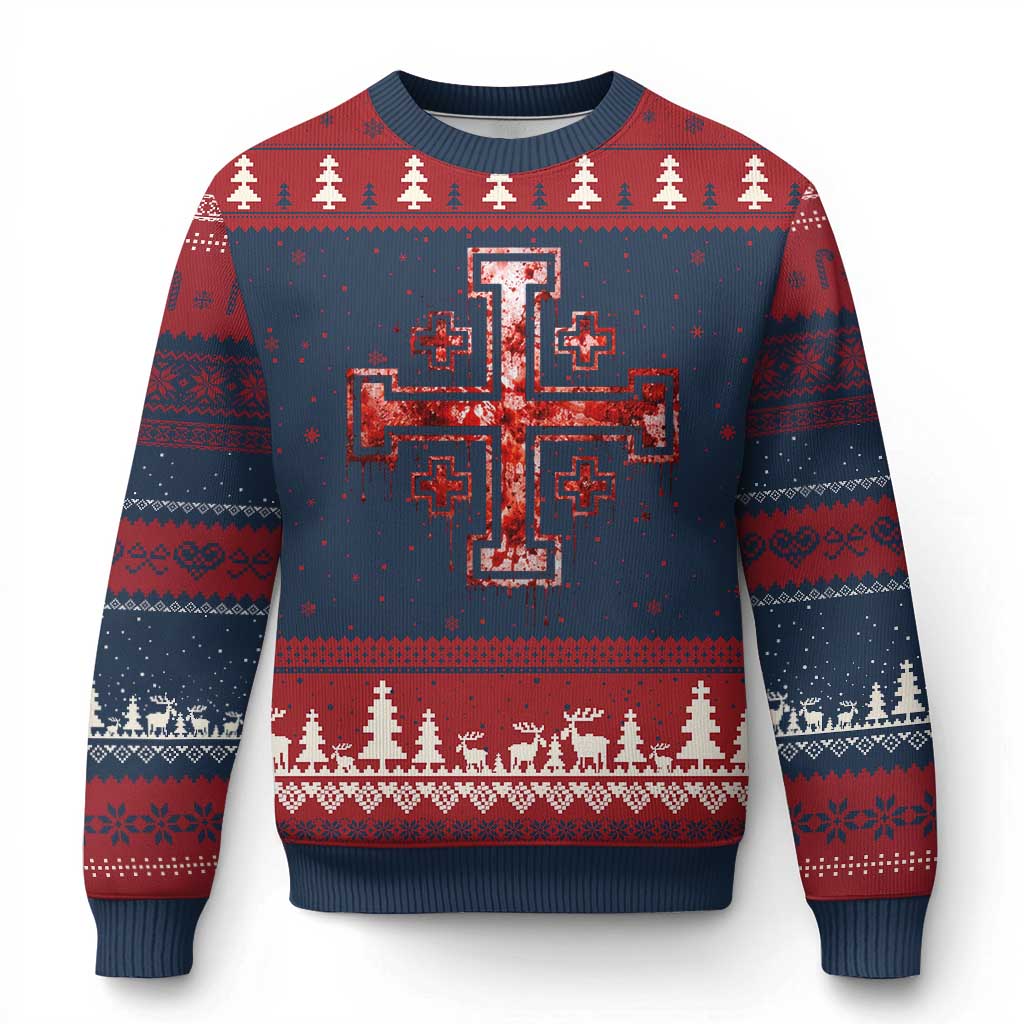Crusader Jerusalem Cross Catholic Ugly Christmas Sweater Gothic Christian Dark Faith Grunge Blood Splatter TS10 Navy Red Print Your Wear