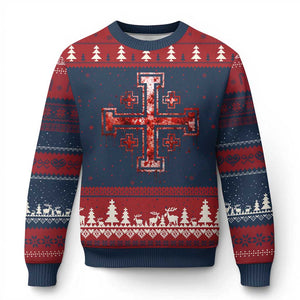 Crusader Jerusalem Cross Catholic Ugly Christmas Sweater Gothic Christian Dark Faith Grunge Blood Splatter TS10 Navy Red Print Your Wear