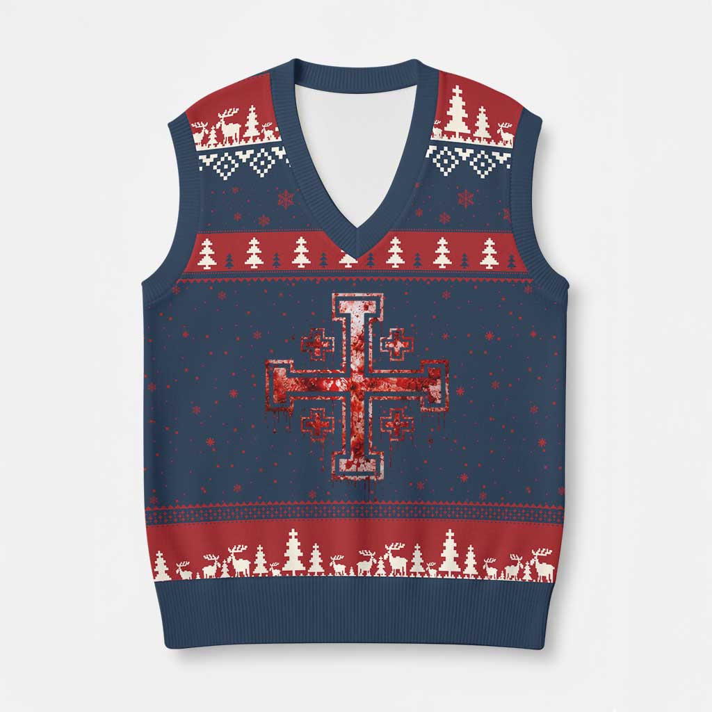 Crusader Jerusalem Cross Catholic V-Neck Knit Sweater Vest Gothic Christian Dark Faith Grunge Blood Splatter TS10 Navy Red Print Your Wear