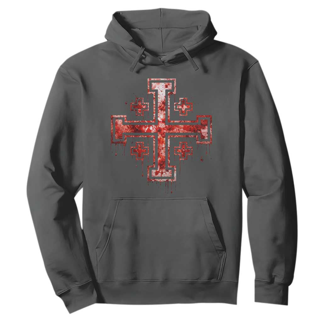 Crusader Jerusalem Cross Catholic Hoodie Gothic Christian Dark Faith Grunge Blood Splatter TS10 Dark Heather Print Your Wear