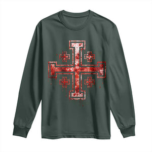 Crusader Jerusalem Cross Catholic Long Sleeve Shirt Gothic Christian Dark Faith Grunge Blood Splatter TS10 Dark Forest Green Print Your Wear