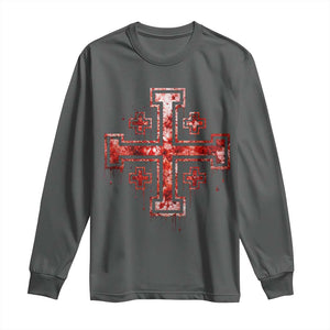 Crusader Jerusalem Cross Catholic Long Sleeve Shirt Gothic Christian Dark Faith Grunge Blood Splatter TS10 Dark Heather Print Your Wear