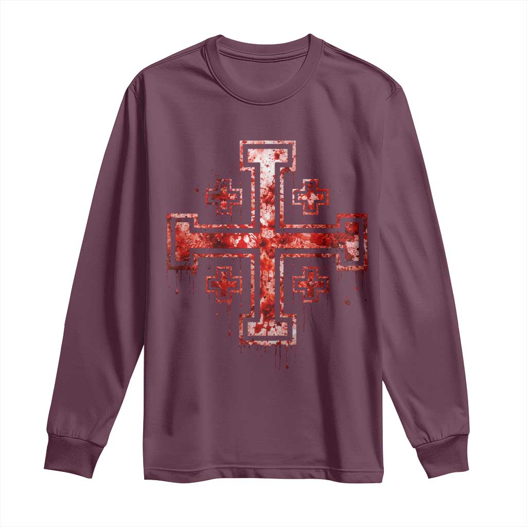 Crusader Jerusalem Cross Catholic Long Sleeve Shirt Gothic Christian Dark Faith Grunge Blood Splatter TS10 Maroon Print Your Wear