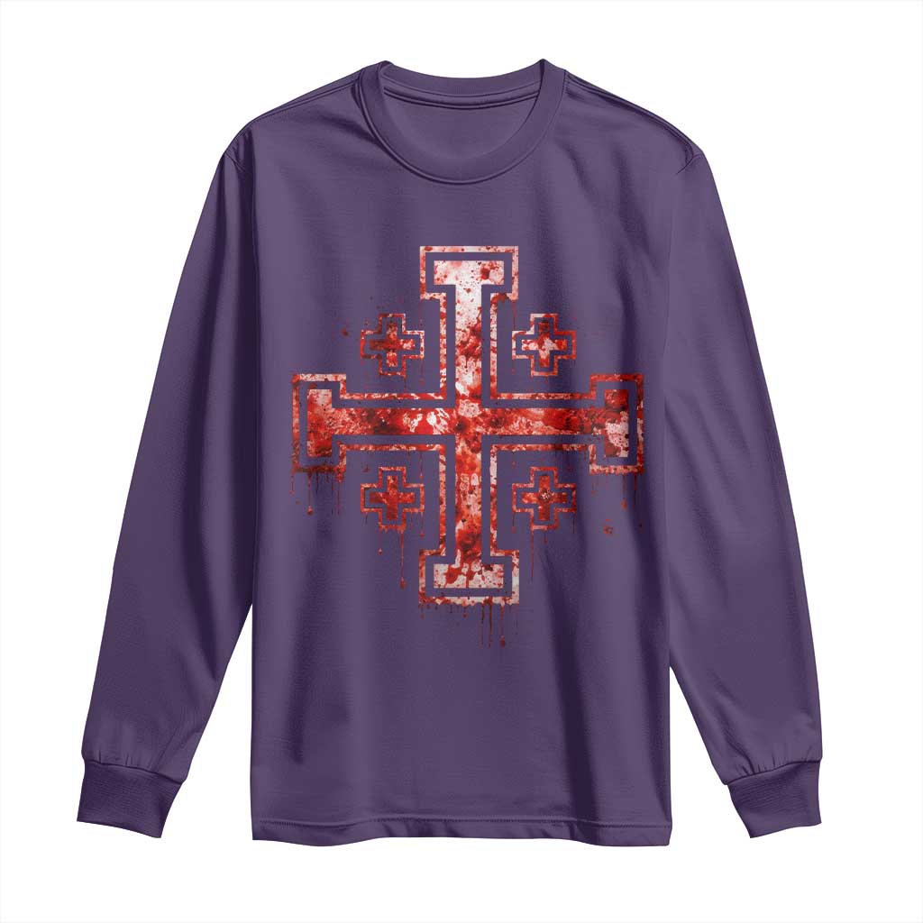 Crusader Jerusalem Cross Catholic Long Sleeve Shirt Gothic Christian Dark Faith Grunge Blood Splatter TS10 Purple Print Your Wear