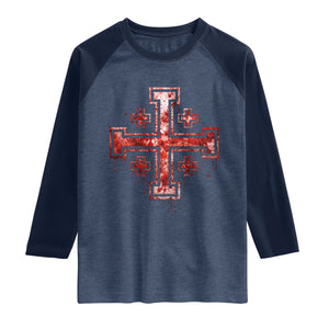 Crusader Jerusalem Cross Catholic Raglan Shirt Gothic Christian Dark Faith Grunge Blood Splatter TS10 Heather Denim Navy Print Your Wear