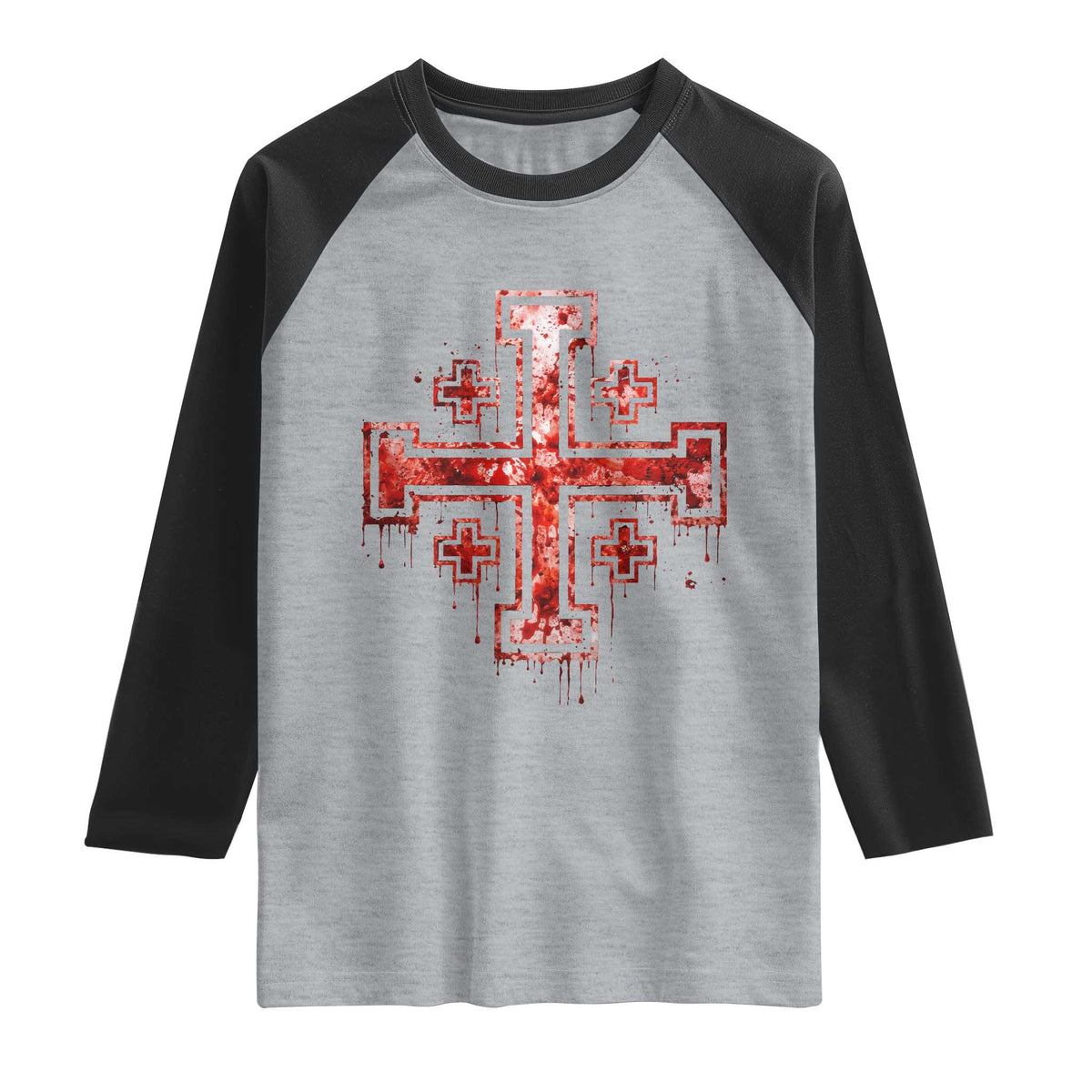Crusader Jerusalem Cross Catholic Raglan Shirt Gothic Christian Dark Faith Grunge Blood Splatter TS10 Heather Gray Black Print Your Wear