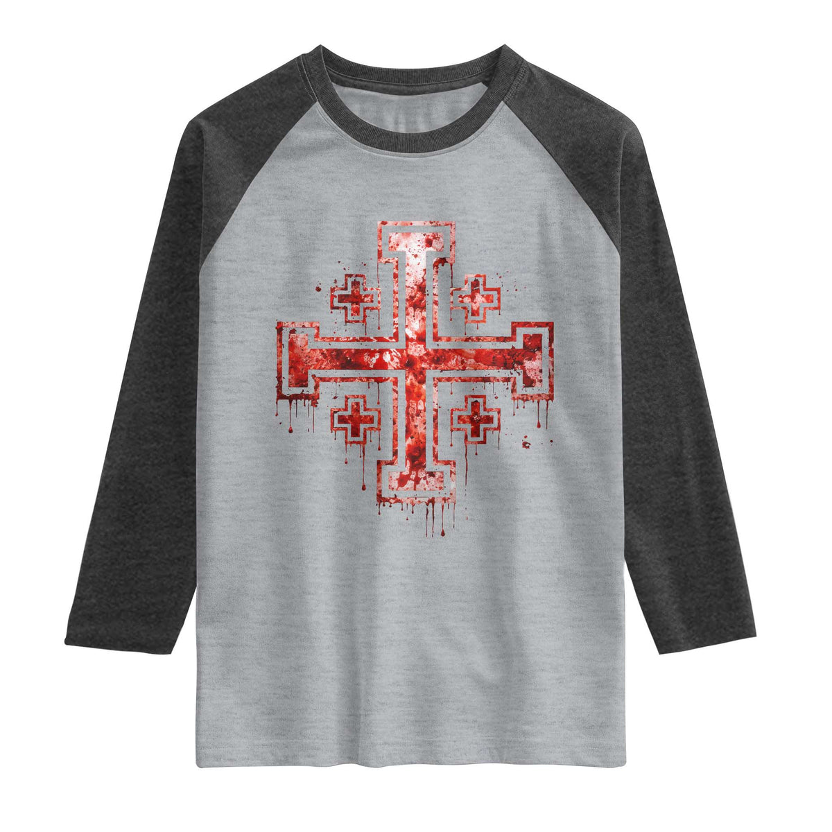 Crusader Jerusalem Cross Catholic Raglan Shirt Gothic Christian Dark Faith Grunge Blood Splatter TS10 Heather Gray Heather Charcoal Print Your Wear