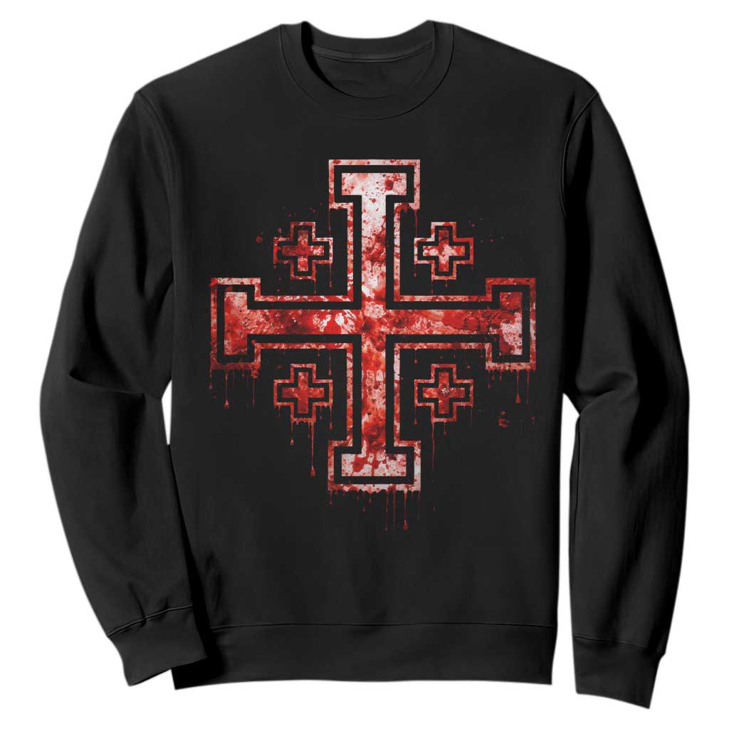 Crusader Jerusalem Cross Catholic Sweatshirt Gothic Christian Dark Faith Grunge Blood Splatter TS10 Black Print Your Wear