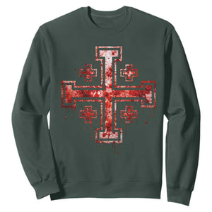 Crusader Jerusalem Cross Catholic Sweatshirt Gothic Christian Dark Faith Grunge Blood Splatter TS10 Dark Forest Green Print Your Wear
