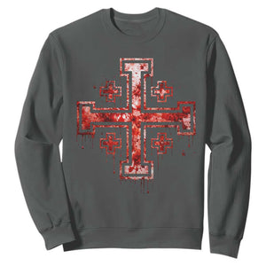 Crusader Jerusalem Cross Catholic Sweatshirt Gothic Christian Dark Faith Grunge Blood Splatter TS10 Dark Heather Print Your Wear