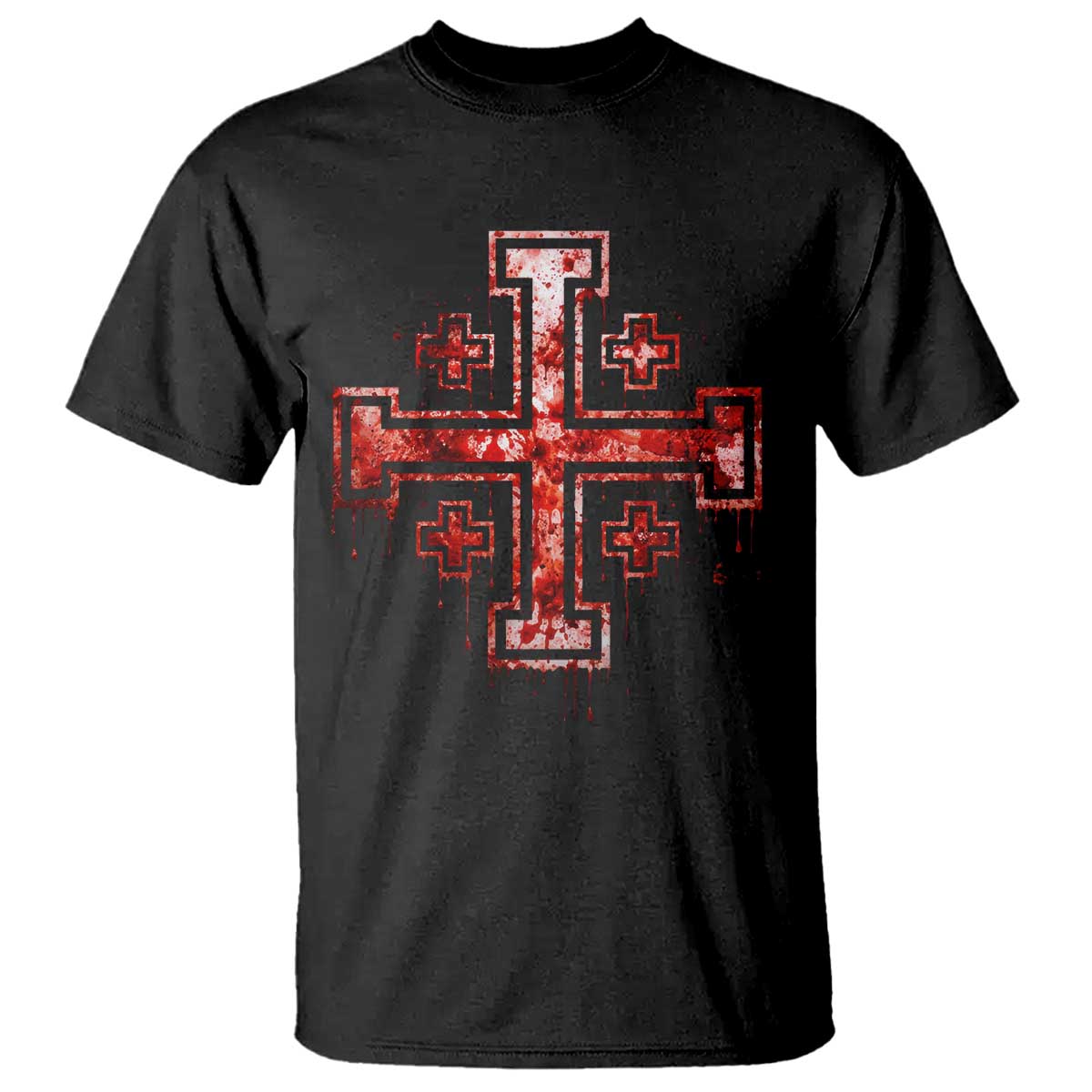 Crusader Jerusalem Cross Catholic T Shirt Gothic Christian Dark Faith Grunge Blood Splatter TS10 Black Print Your Wear