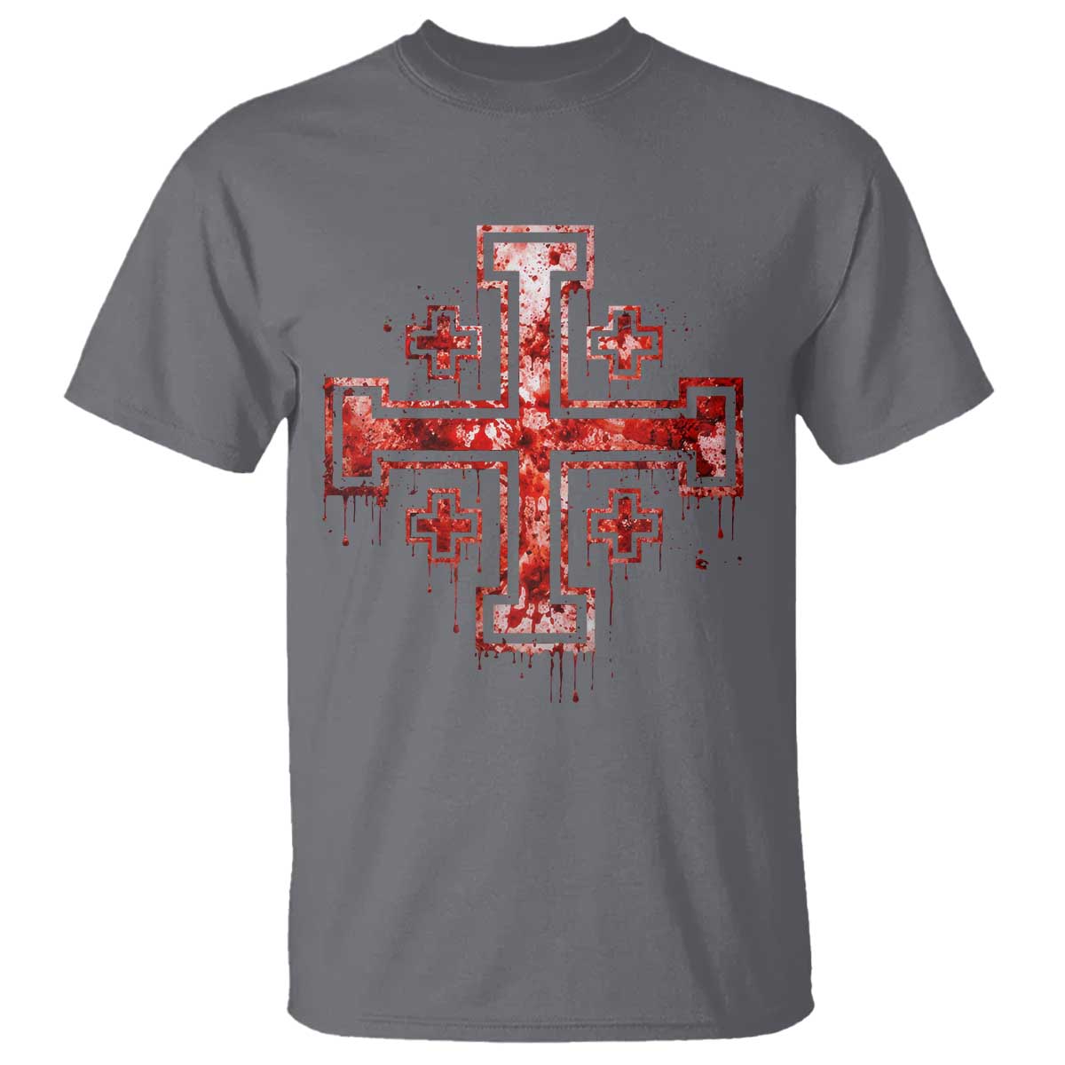 Crusader Jerusalem Cross Catholic T Shirt Gothic Christian Dark Faith Grunge Blood Splatter TS10 Charcoal Print Your Wear