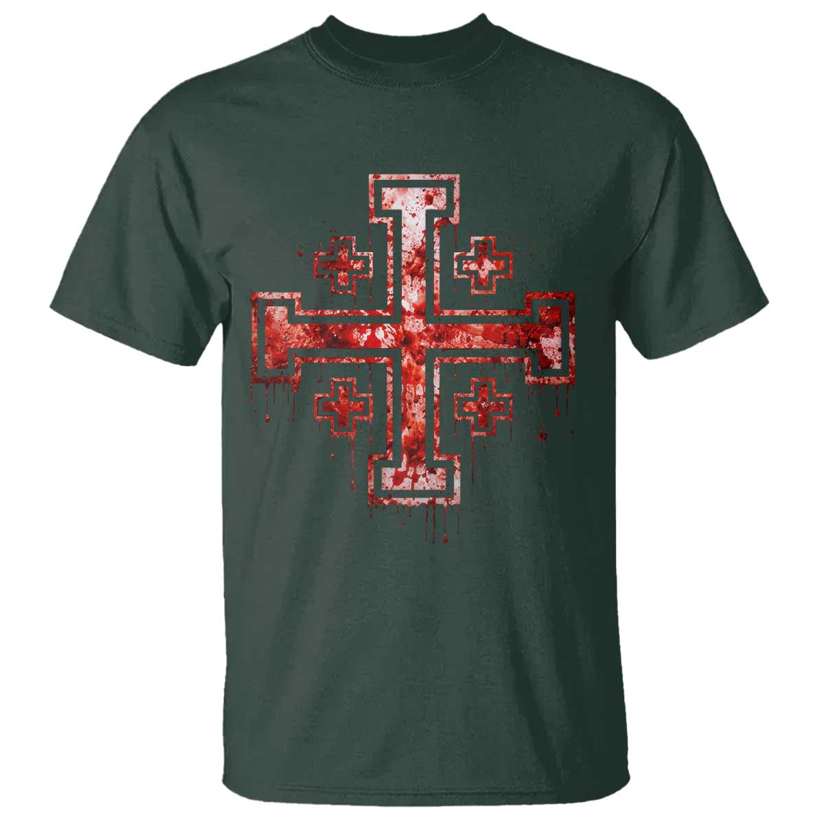Crusader Jerusalem Cross Catholic T Shirt Gothic Christian Dark Faith Grunge Blood Splatter TS10 Dark Forest Green Print Your Wear