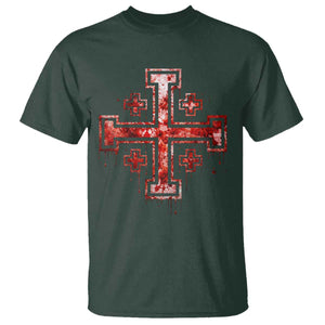 Crusader Jerusalem Cross Catholic T Shirt Gothic Christian Dark Faith Grunge Blood Splatter TS10 Dark Forest Green Print Your Wear