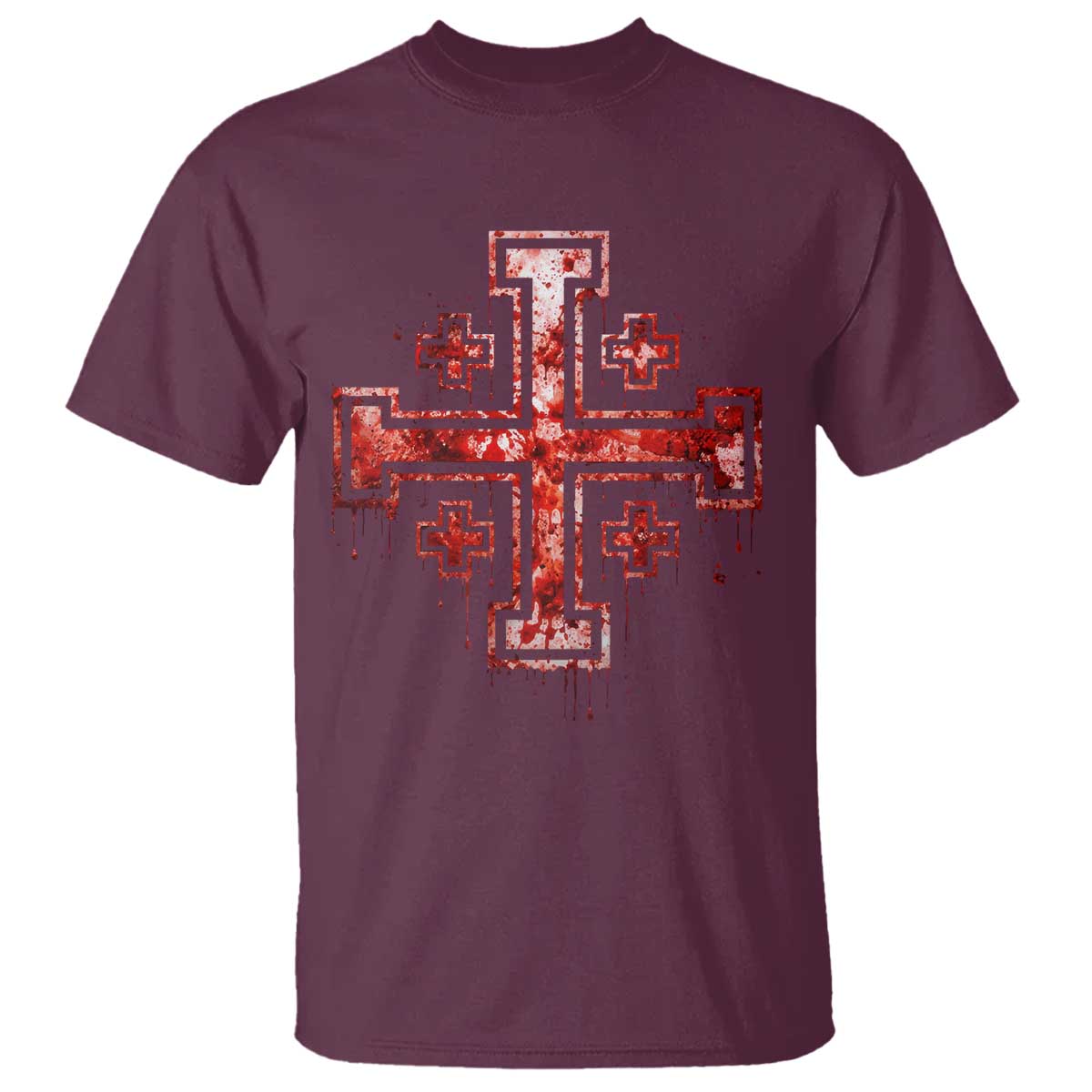 Crusader Jerusalem Cross Catholic T Shirt Gothic Christian Dark Faith Grunge Blood Splatter TS10 Maroon Print Your Wear