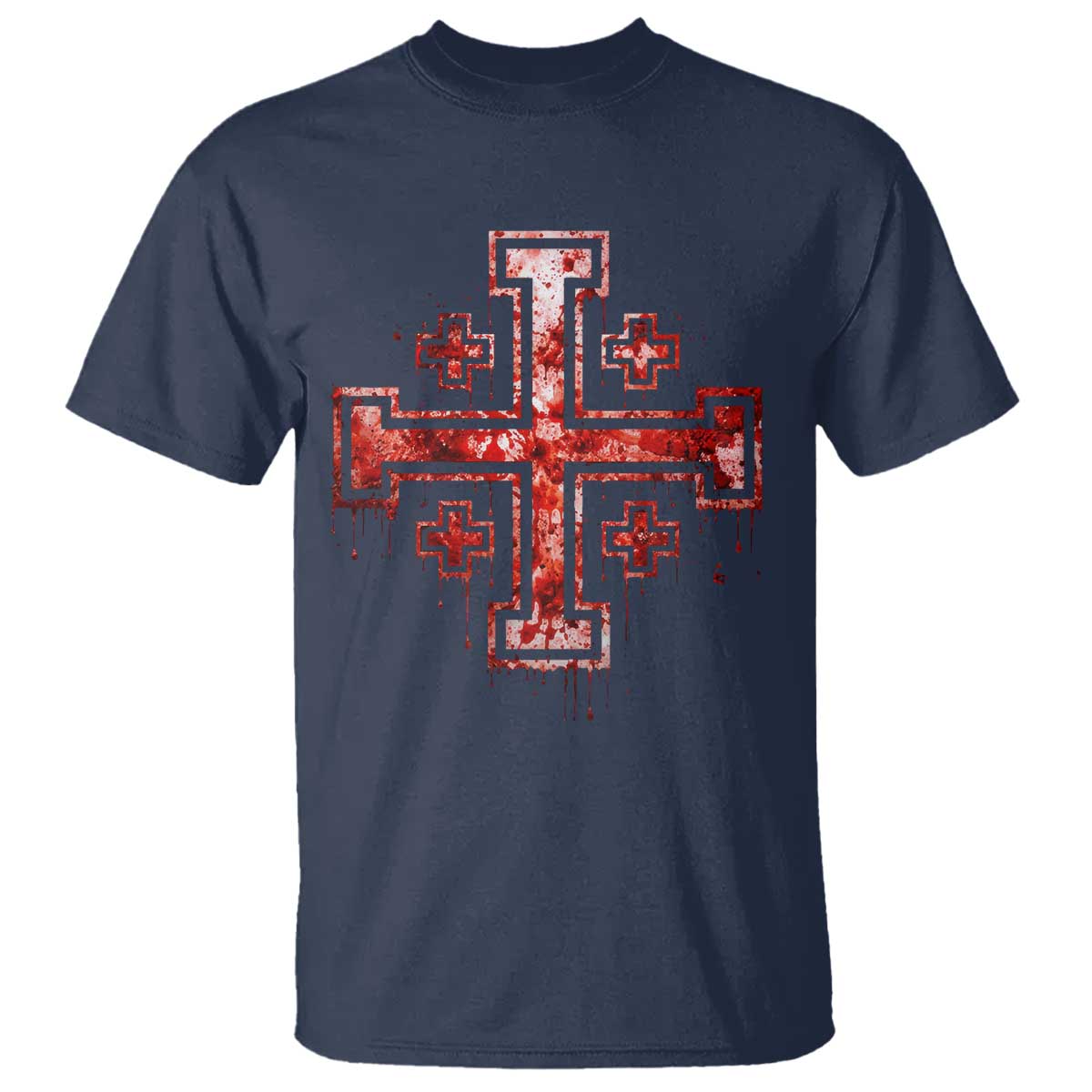 Crusader Jerusalem Cross Catholic T Shirt Gothic Christian Dark Faith Grunge Blood Splatter TS10 Navy Print Your Wear