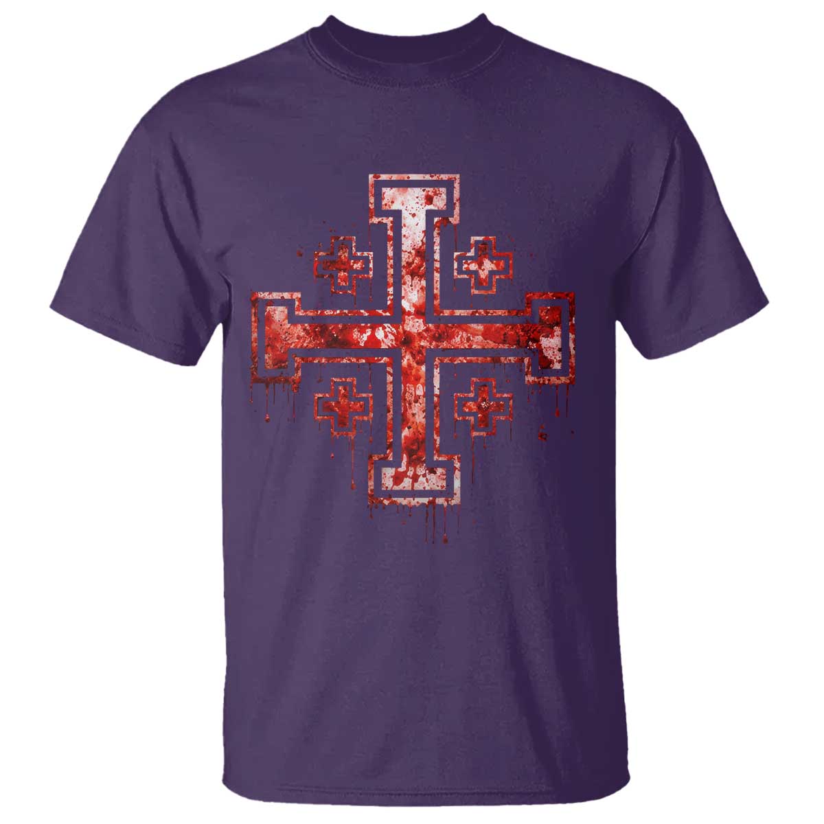 Crusader Jerusalem Cross Catholic T Shirt Gothic Christian Dark Faith Grunge Blood Splatter TS10 Purple Print Your Wear
