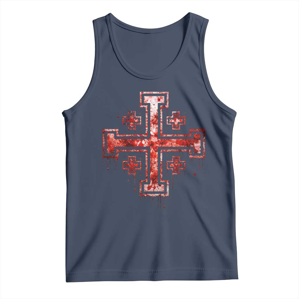 Crusader Jerusalem Cross Catholic Tank Top Gothic Christian Dark Faith Grunge Blood Splatter TS10 Navy Print Your Wear