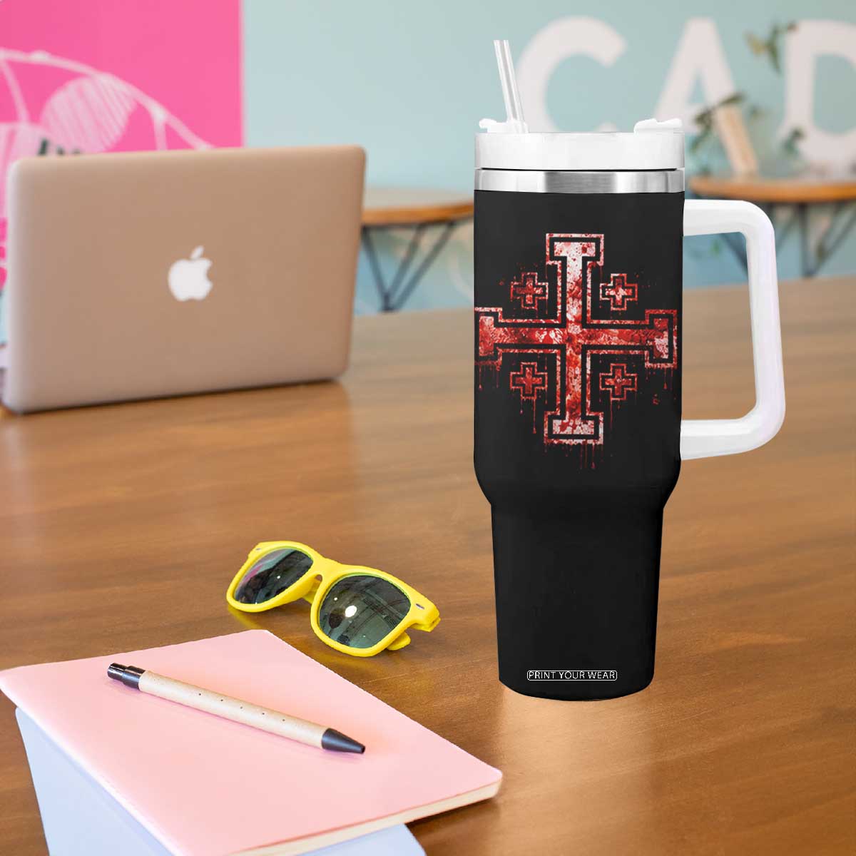 Crusader Jerusalem Cross Catholic Tumbler With Handle Gothic Christian Dark Faith Grunge Blood Splatter TS10 Print Your Wear