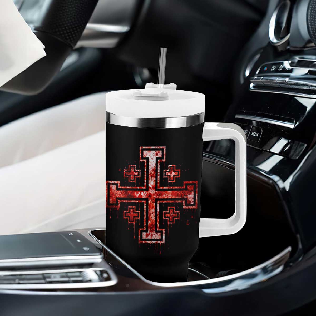 Crusader Jerusalem Cross Catholic Tumbler With Handle Gothic Christian Dark Faith Grunge Blood Splatter TS10 Print Your Wear