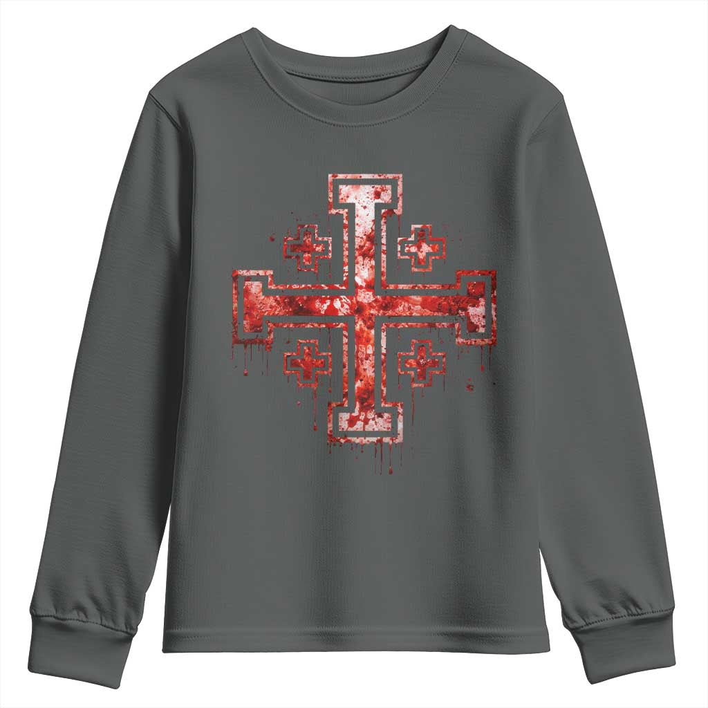 Crusader Jerusalem Cross Catholic Youth Sweatshirt Gothic Christian Dark Faith Grunge Blood Splatter TS10 Dark Heather Print Your Wear