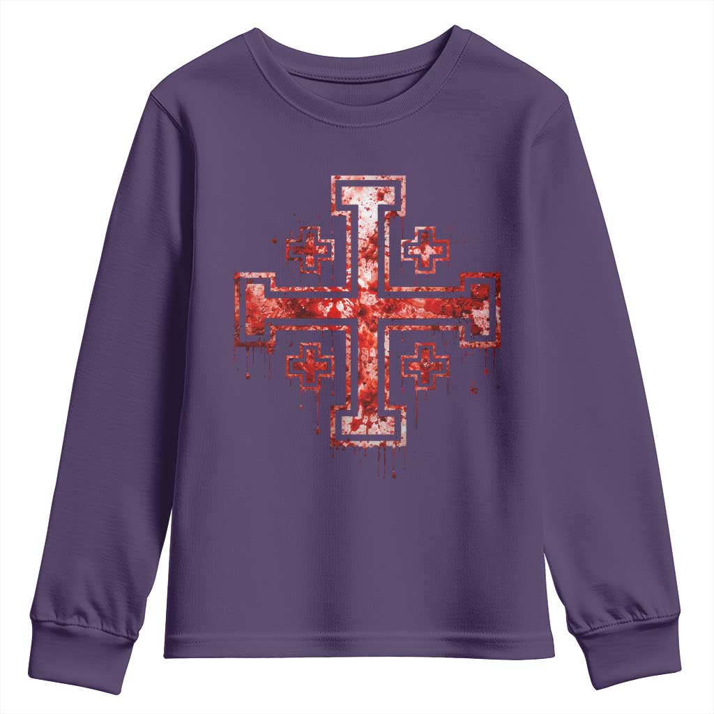 Crusader Jerusalem Cross Catholic Youth Sweatshirt Gothic Christian Dark Faith Grunge Blood Splatter TS10 Purple Print Your Wear