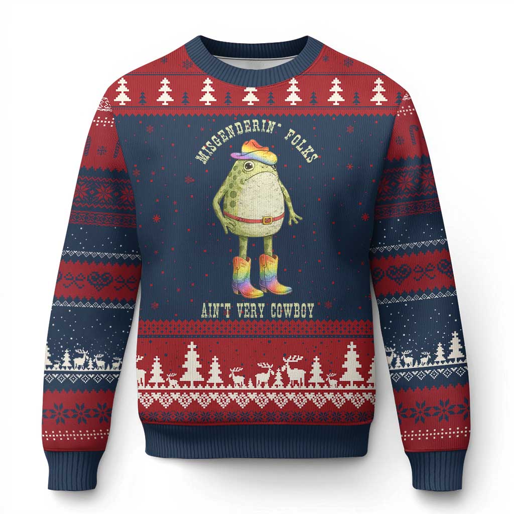Funny Frog LGBTQ Ugly Christmas Sweater Misgenderin Folks Aint Very Cowboy Pride Rainbow TS10 Navy Red Print Your Wear