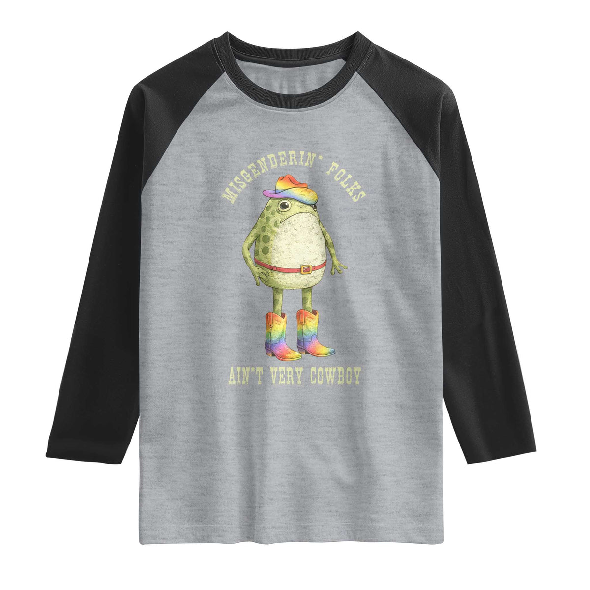 Funny Frog LGBTQ Raglan Shirt Misgenderin Folks Aint Very Cowboy Pride Rainbow TS10 Heather Gray Black Print Your Wear