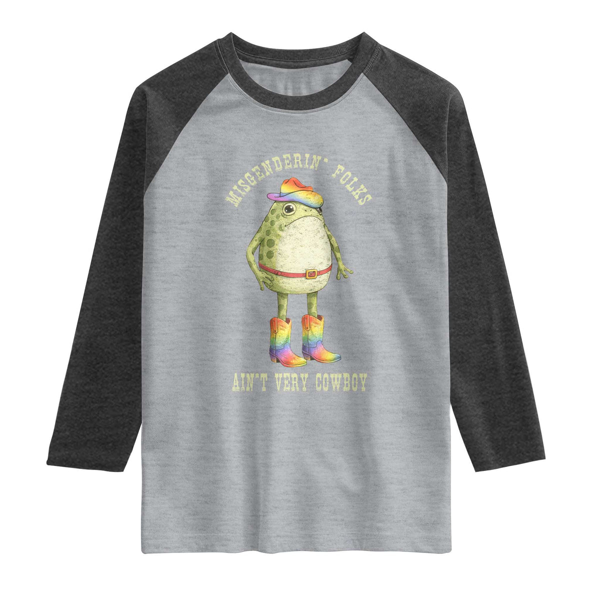 Funny Frog LGBTQ Raglan Shirt Misgenderin Folks Aint Very Cowboy Pride Rainbow TS10 Heather Gray Heather Charcoal Print Your Wear