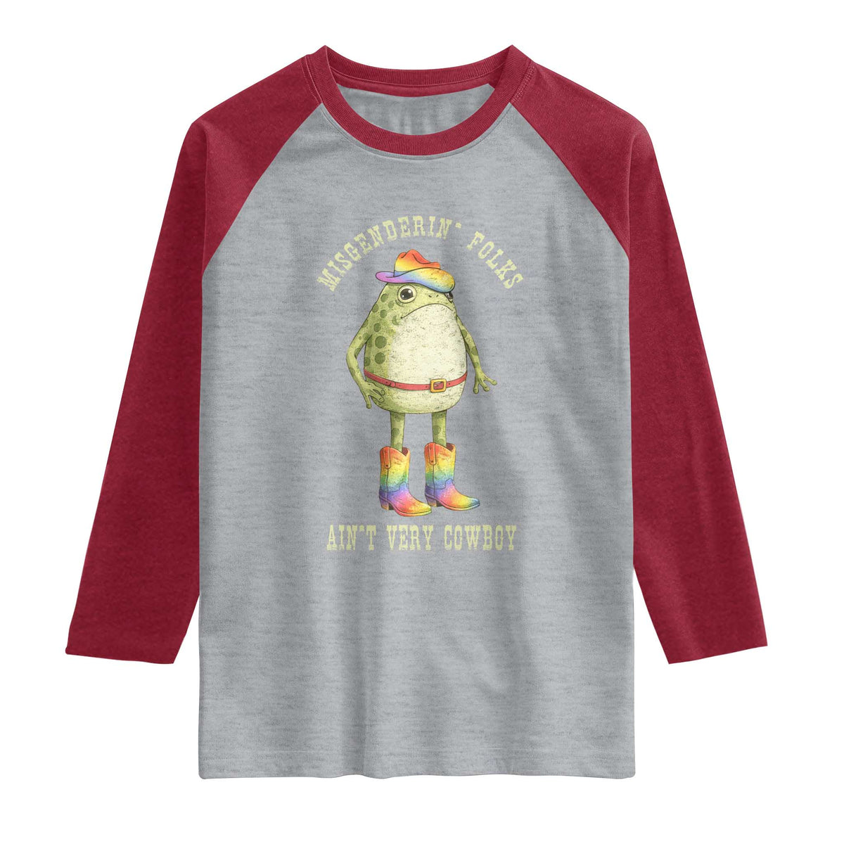 Funny Frog LGBTQ Raglan Shirt Misgenderin Folks Aint Very Cowboy Pride Rainbow TS10 Heather Gray Heather Red Print Your Wear
