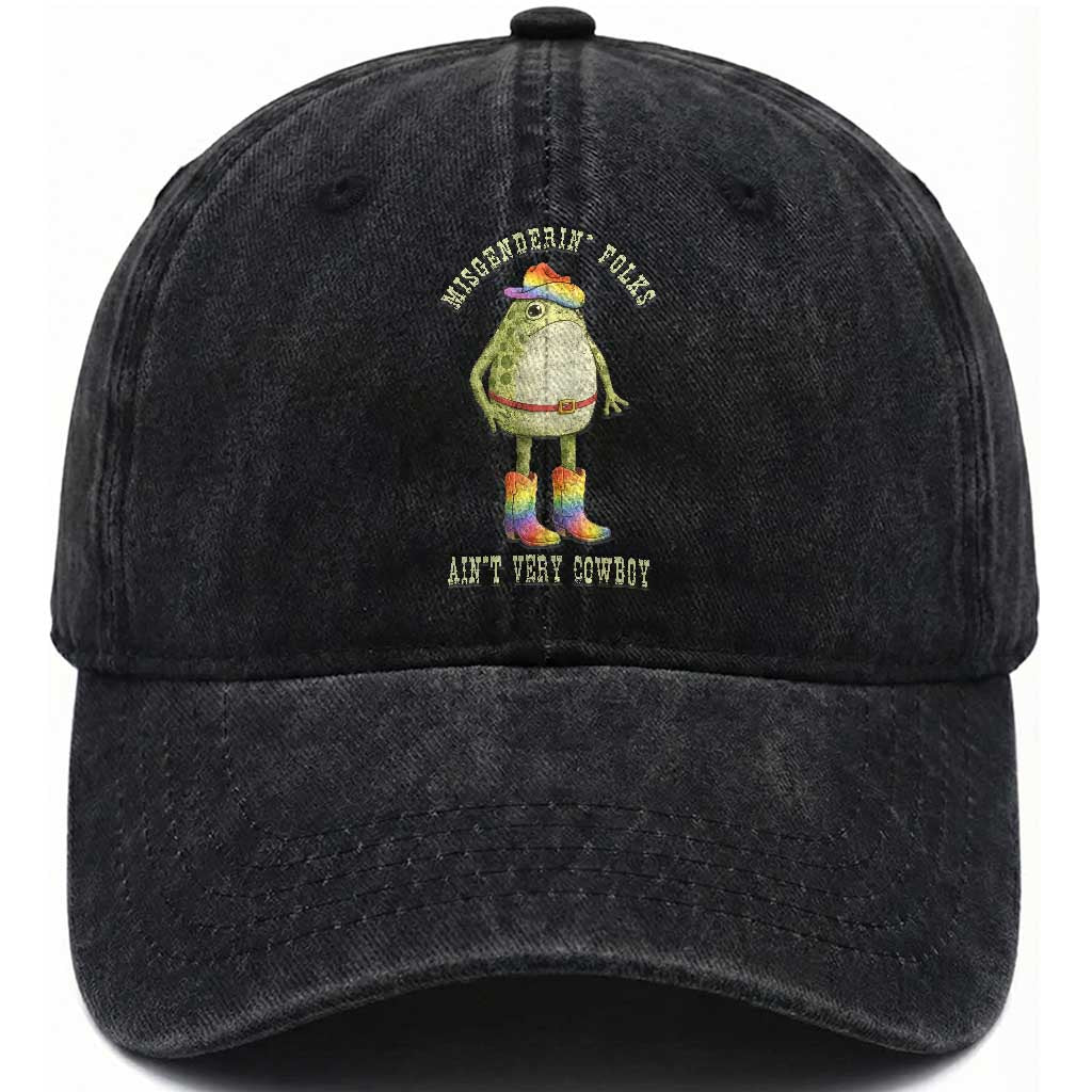 Funny Frog LGBTQ Washed Cotton Baseball Cap Misgenderin Folks Aint Very Cowboy Pride Rainbow TS10 Print Your Wear