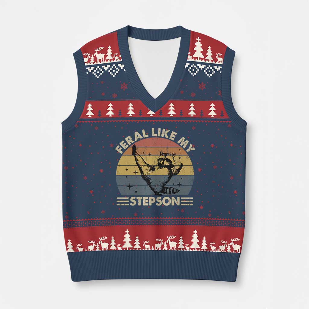 Bonus Dad V-Neck Knit Sweater Vest Retro Feral Raccoon Stepdad Gifts From Bonus Son Stepson TS10 Navy Red Print Your Wear