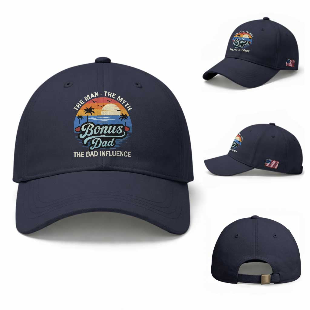Bonus Dad Baseball Cap The Man Myth Bad Influence Step Dad Fathers Day Gift TS10 Baseball Cap Universal Fit Navy Print Your Wear