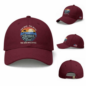 Bonus Dad Baseball Cap The Man Myth Bad Influence Step Dad Fathers Day Gift TS10 Baseball Cap Universal Fit Maroon Print Your Wear