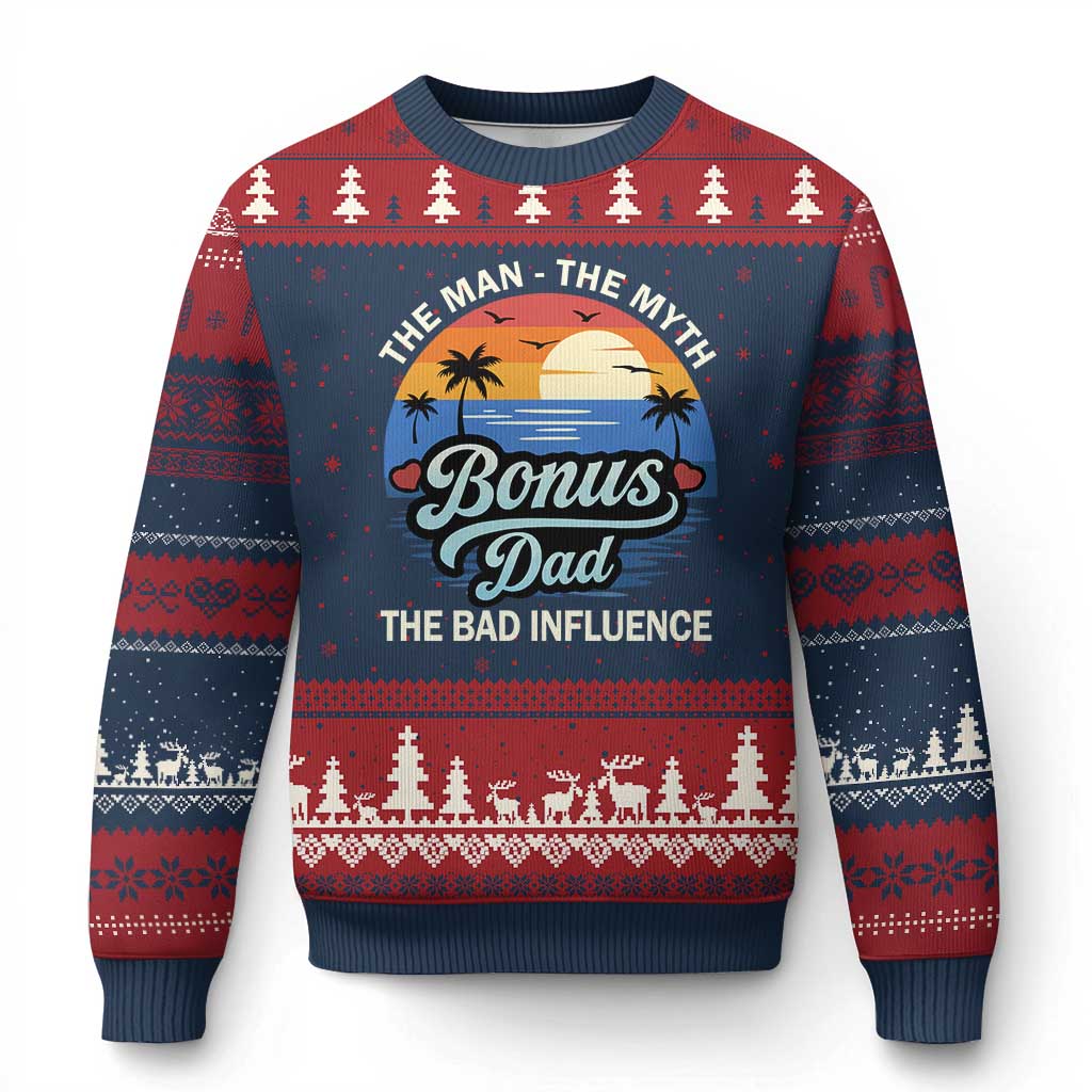 Bonus Dad Ugly Christmas Sweater The Man Myth Bad Influence Step Dad Fathers Day Gift TS10 Navy Red Print Your Wear