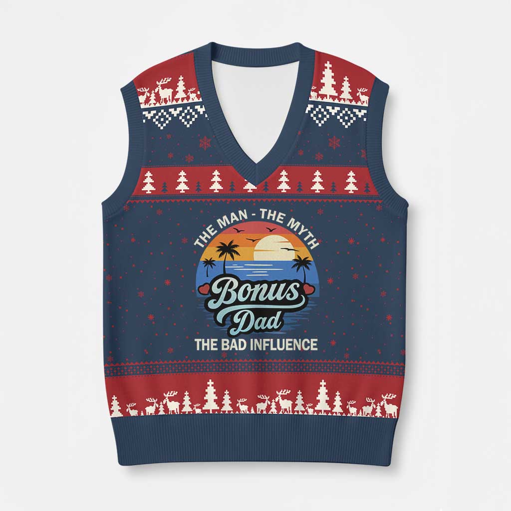 Bonus Dad V-Neck Knit Sweater Vest The Man Myth Bad Influence Step Dad Fathers Day Gift TS10 Navy Red Print Your Wear