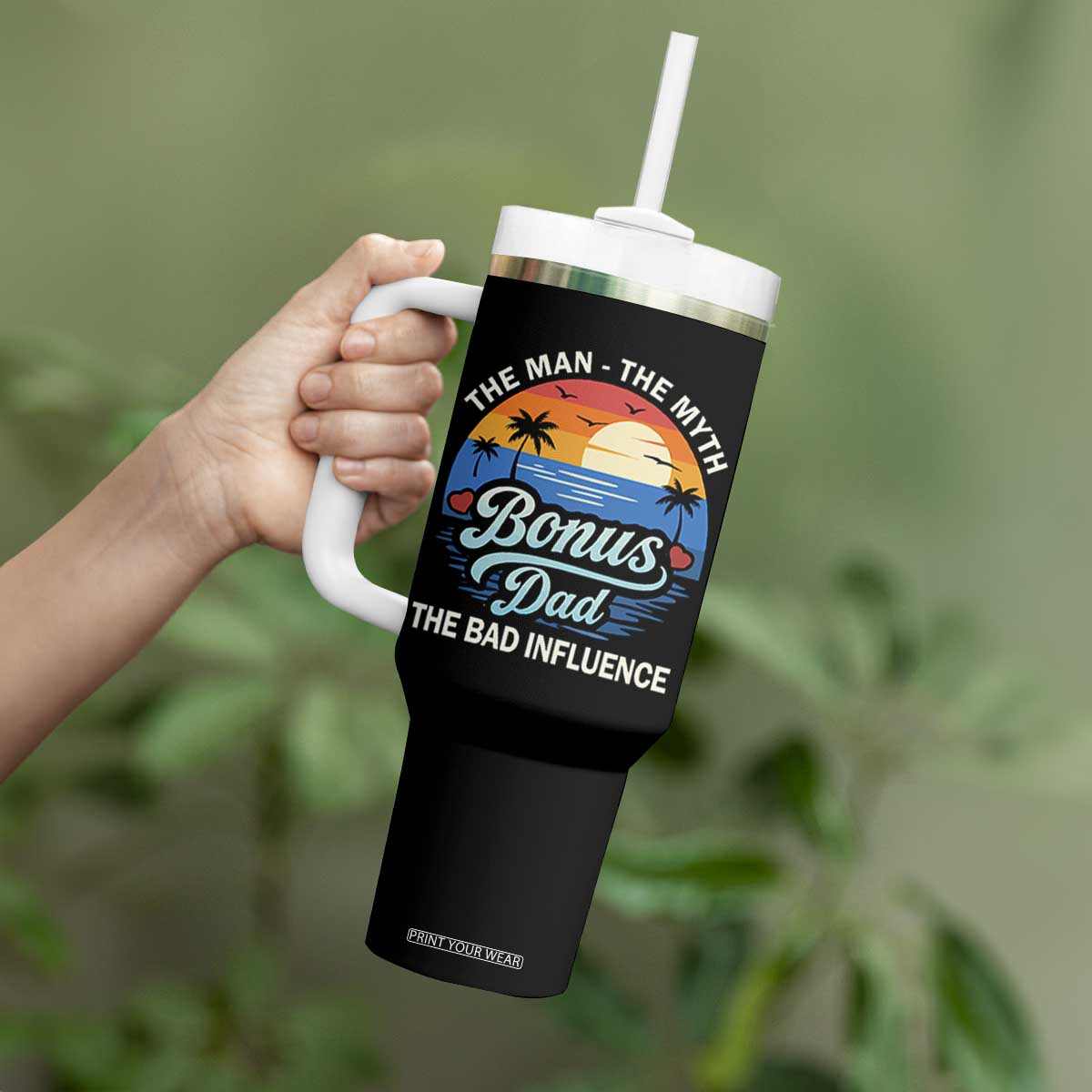 Bonus Dad Tumbler With Handle The Man Myth Bad Influence Step Dad Fathers Day Gift TS10 Print Your Wear